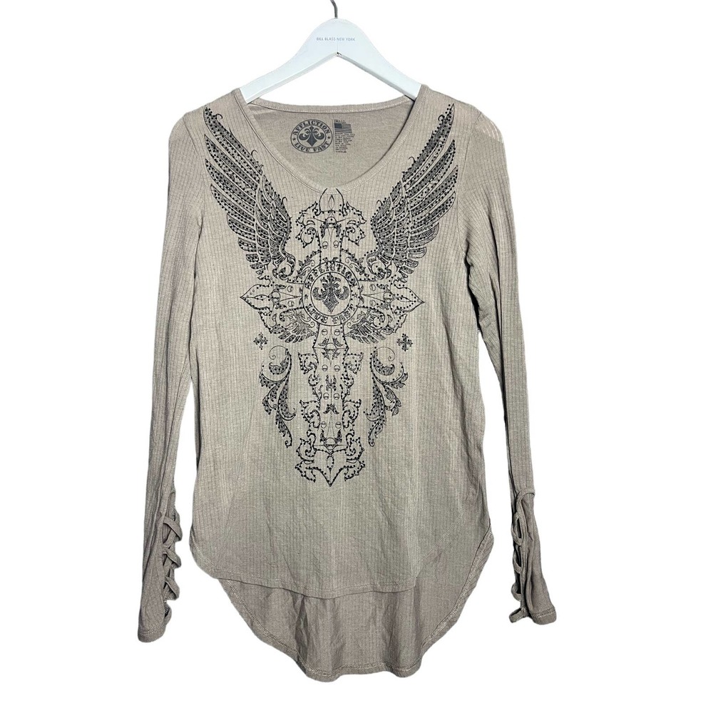 Affliction Womens Embellished Long Sleeve Tan Top Sz Small